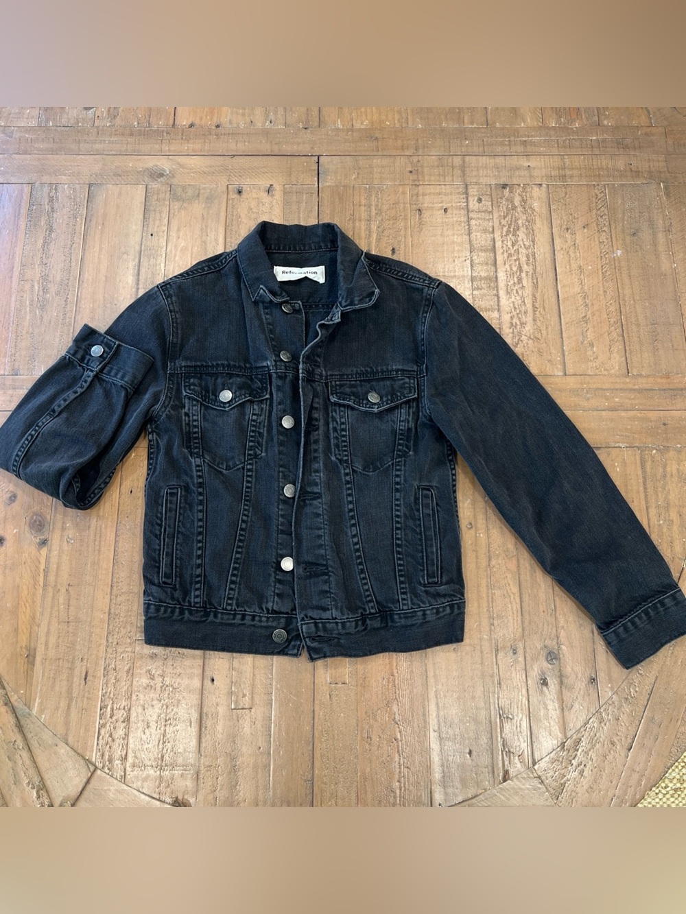 reformation button Front Denim jean jacket XS black biker moto Basic